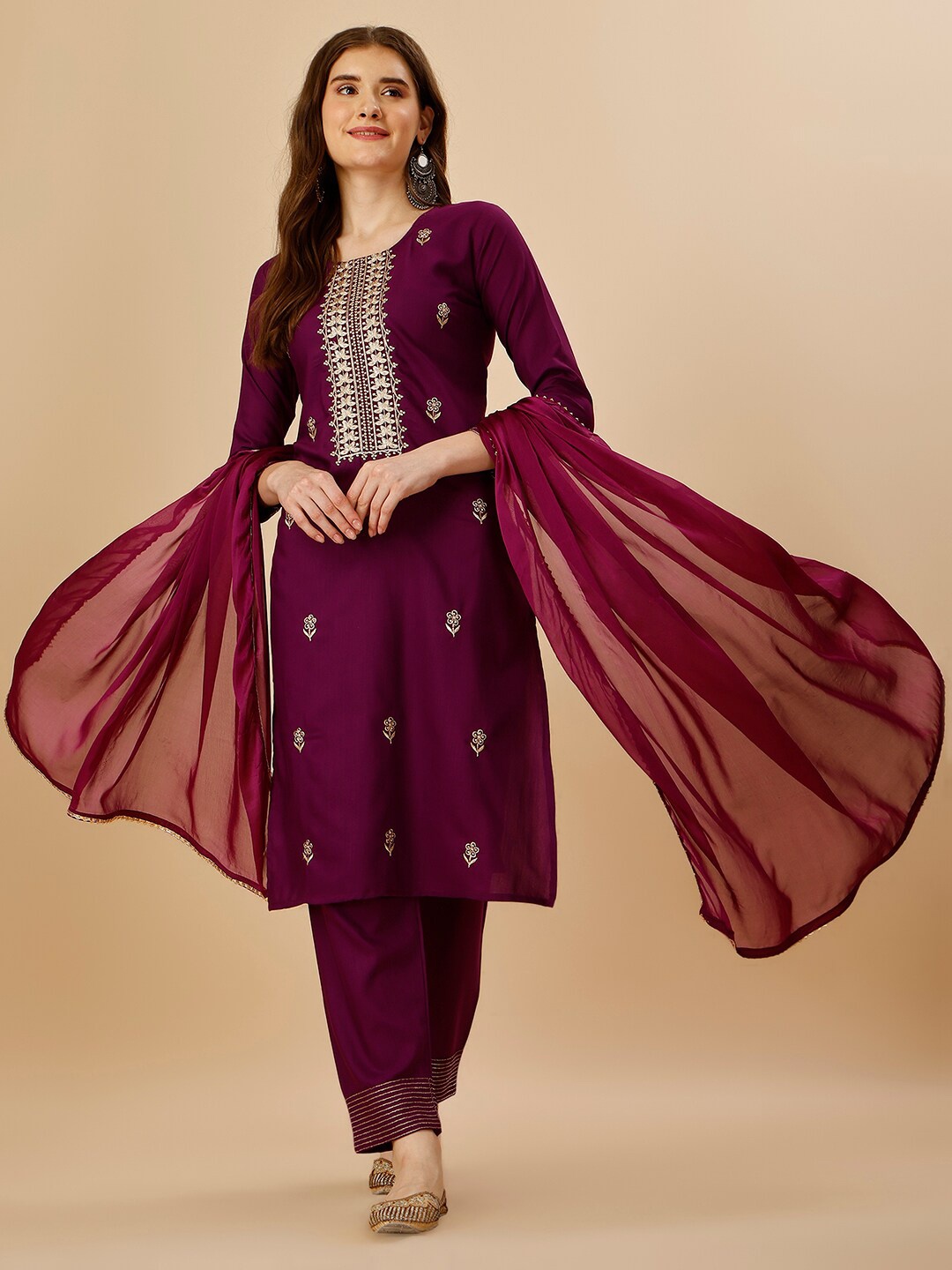

KALINI Floral Embroidered Kurta With Pyjamas & Dupatta, Purple