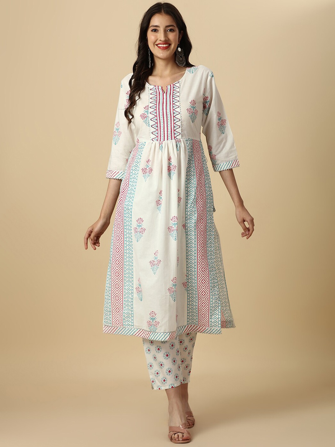 

KALINI Floral Printed A-Line Pure Cotton Kurta with Trousers, White