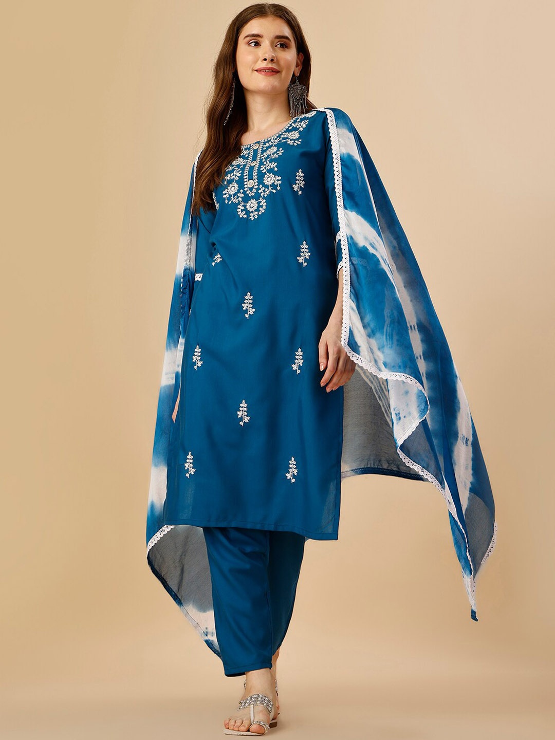 

KALINI Floral Embroidered Kurta With Pyjamas & Dupatta, Teal
