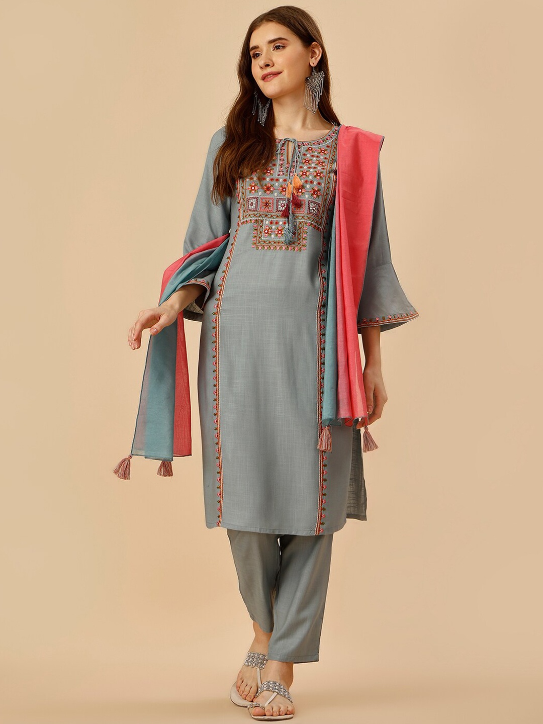 

KALINI Embroidered Mirror Work Kurta With Trousers & Dupatta, Turquoise blue
