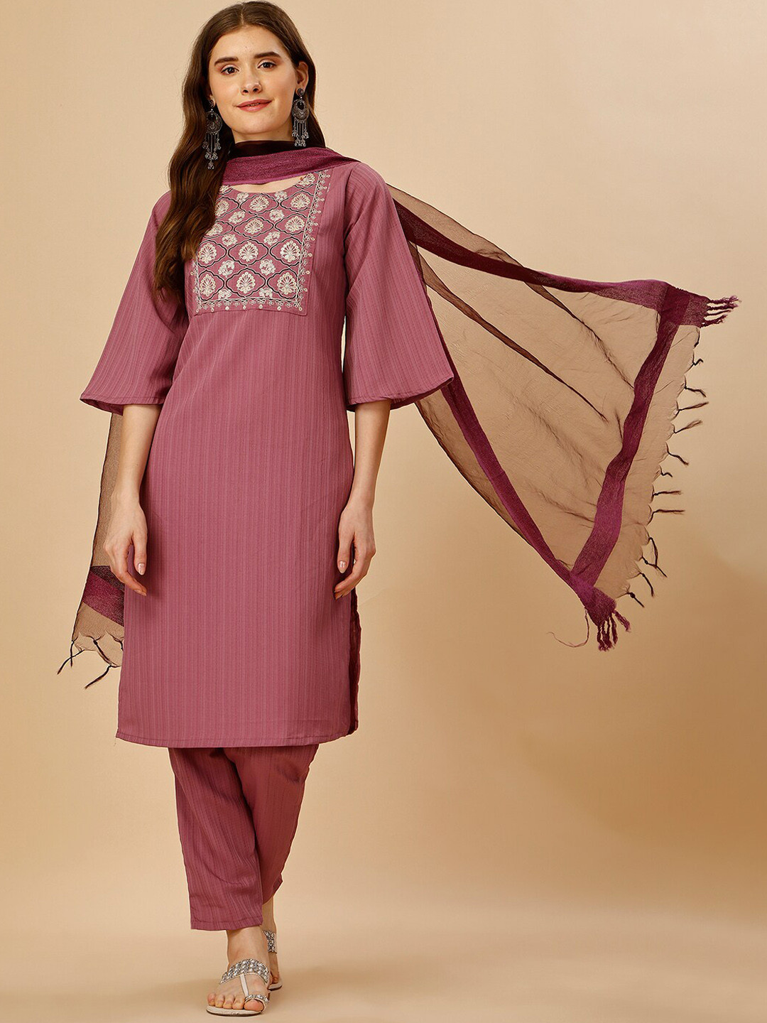 

KALINI Ethnic Motifs Embroidered Sequined Kurta with Trousers & Dupatta, Mauve
