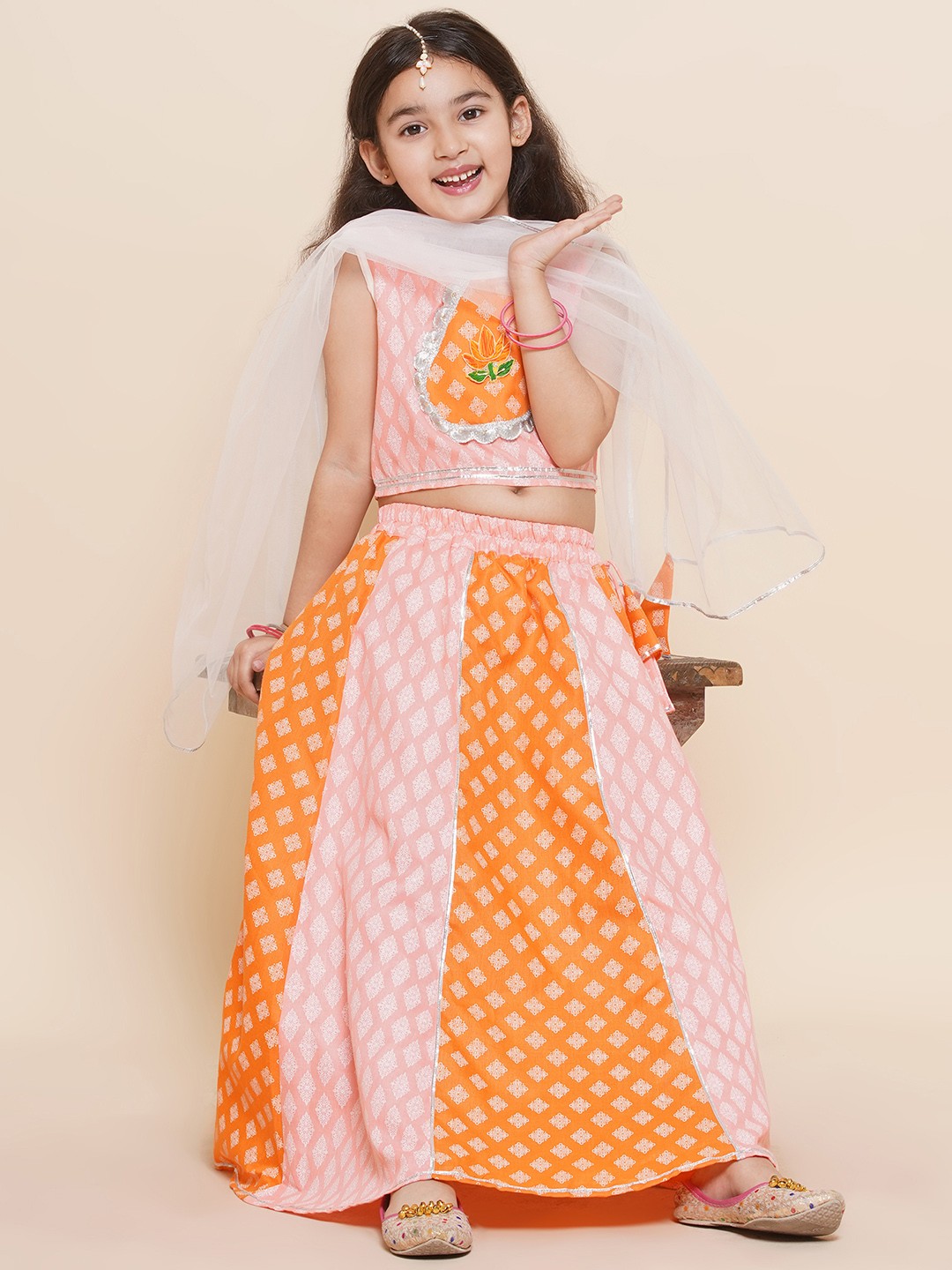 

Aj DEZInES Girls Ethnic Motif Printed Ready to Wear Cotton Lehenga & Blouse With Dupatta, Pink