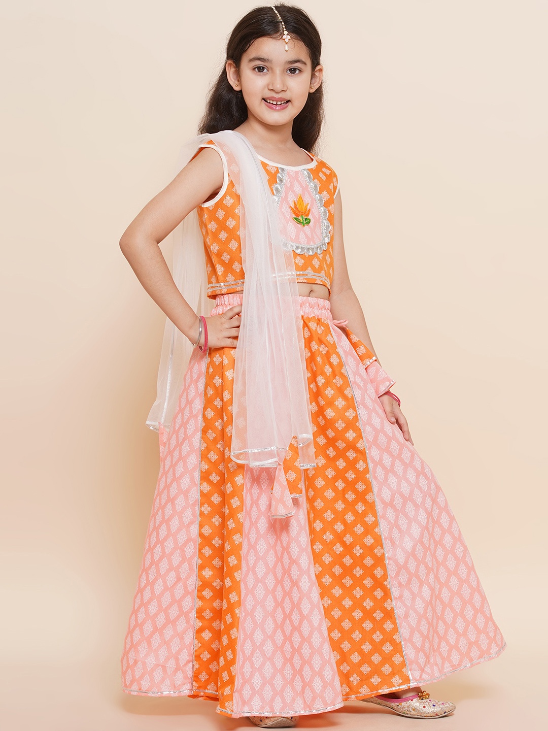 

Aj DEZInES Girls Ethnic Motif Printed Ready to Wear Cotton Lehenga & Blouse With Dupatta, Pink