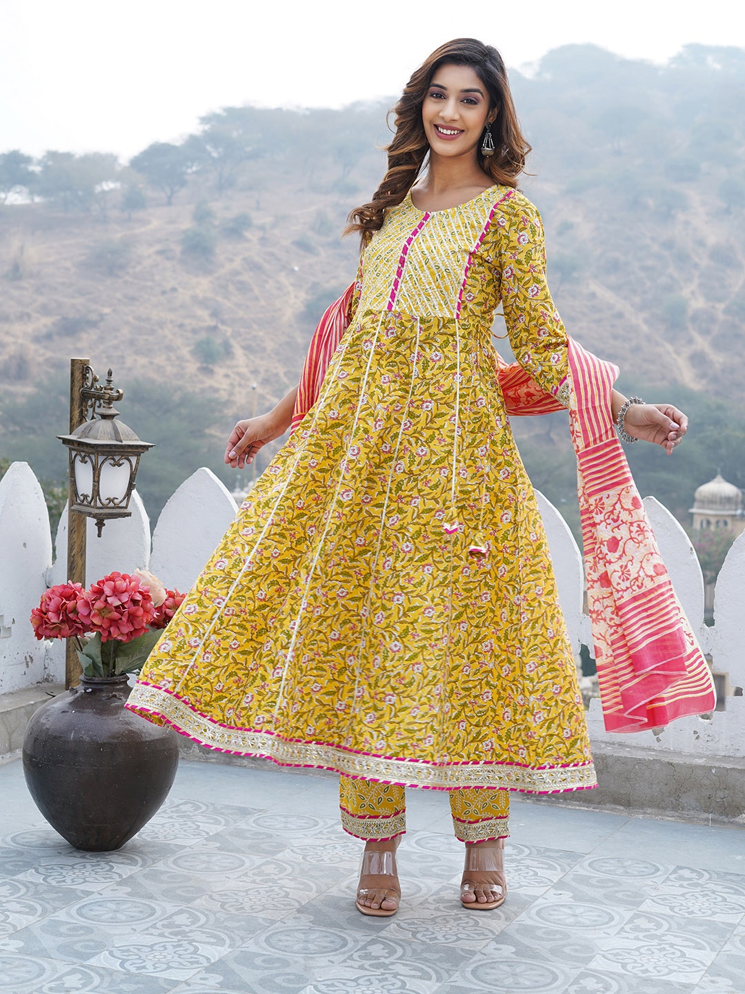 

KALINI Floral Printed Gotta Patti Anarkali Pure Cotton Kurta With Trousers & Dupatta, Mustard