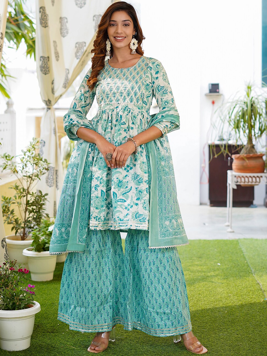 

KALINI Ethnic Motifs Printed Gotta Patti Pure Cotton Kurta With Sharara & Dupatta, Sea green