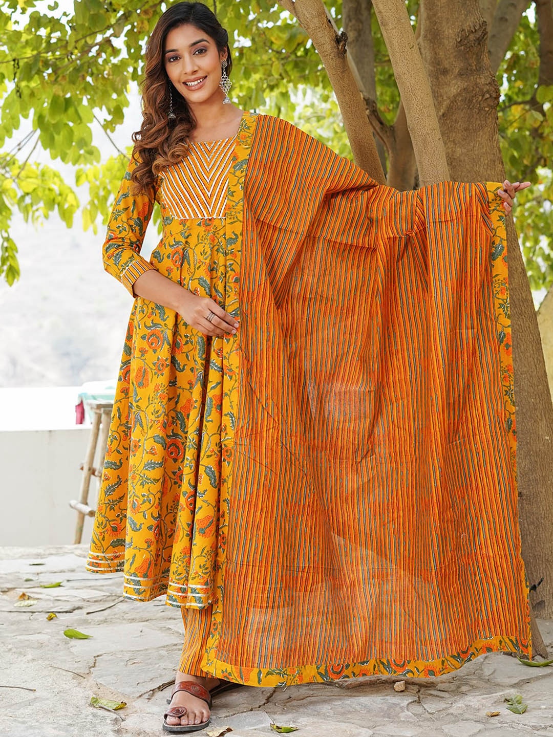 

KALINI Floral Printed Gotta Patti Pure Cotton Kurta with Trousers & Dupatta, Mustard