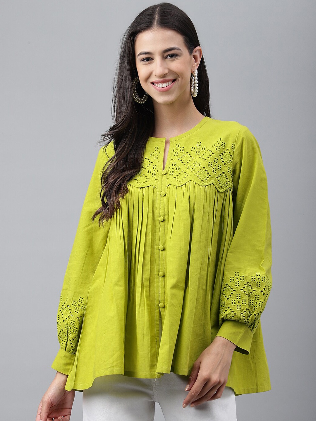 

Janasya Lime Green Self Design Cuffed Sleeves Schiffli Flared Cotton A-Line Top