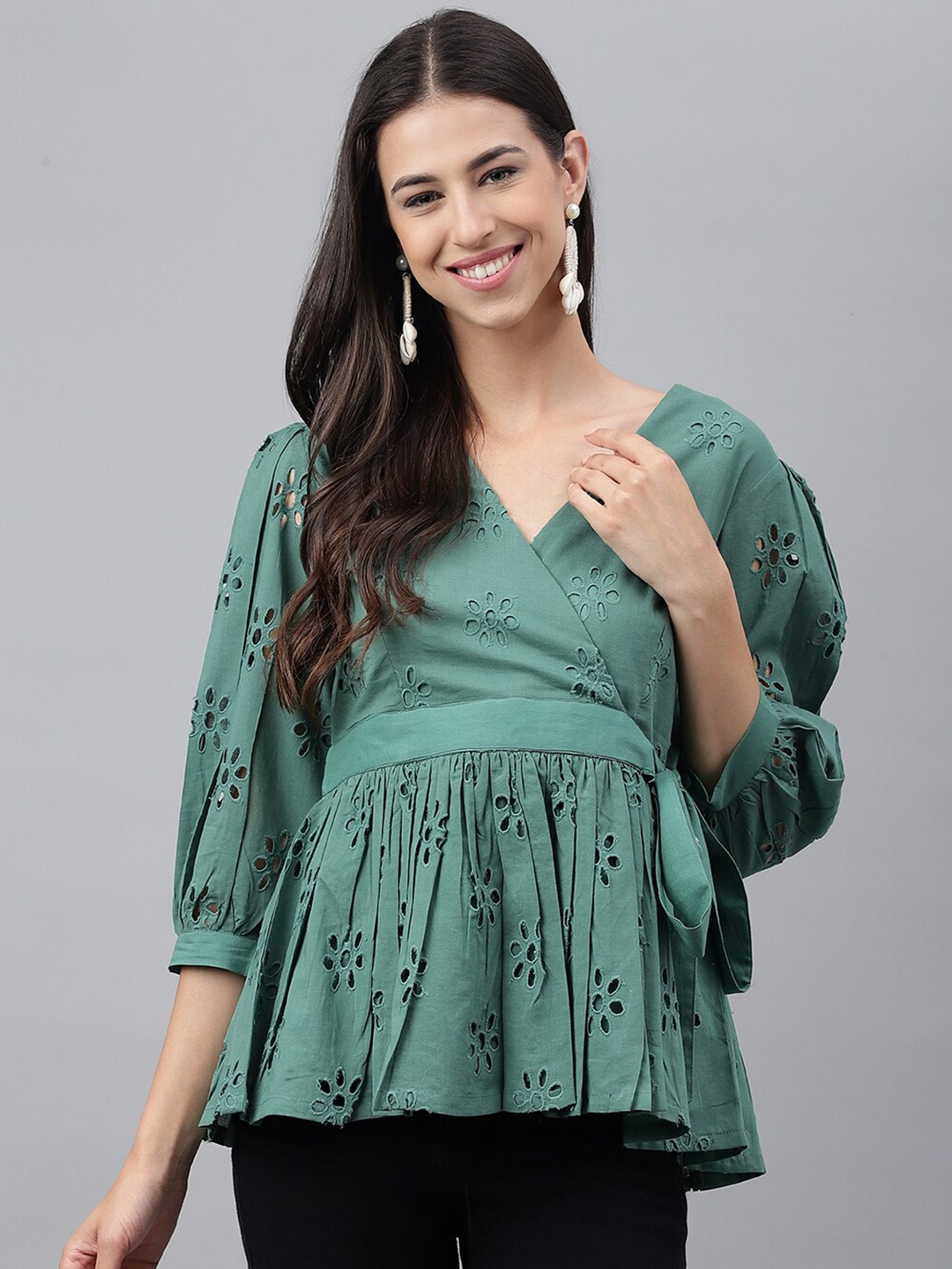

Janasya Green Self DEsign Puff Sleeve Cotton Wrap Top