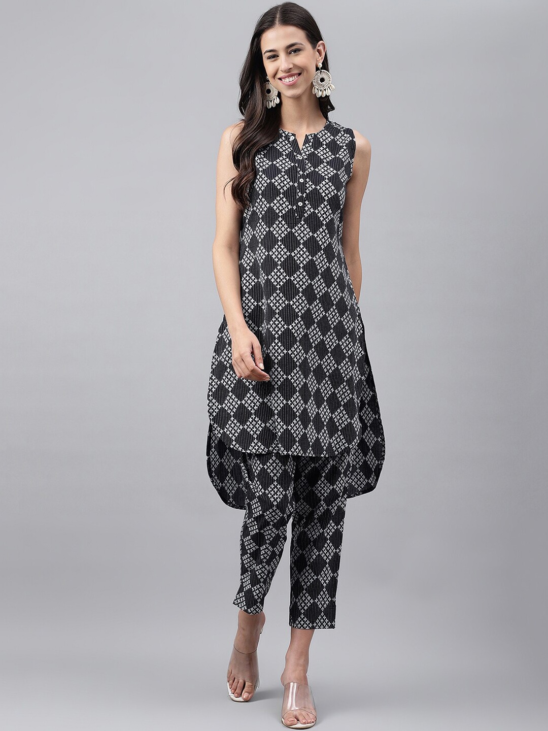 

Janasya Ethnic Motifs Printed Pure Cotton Tunic With Trousers, Black