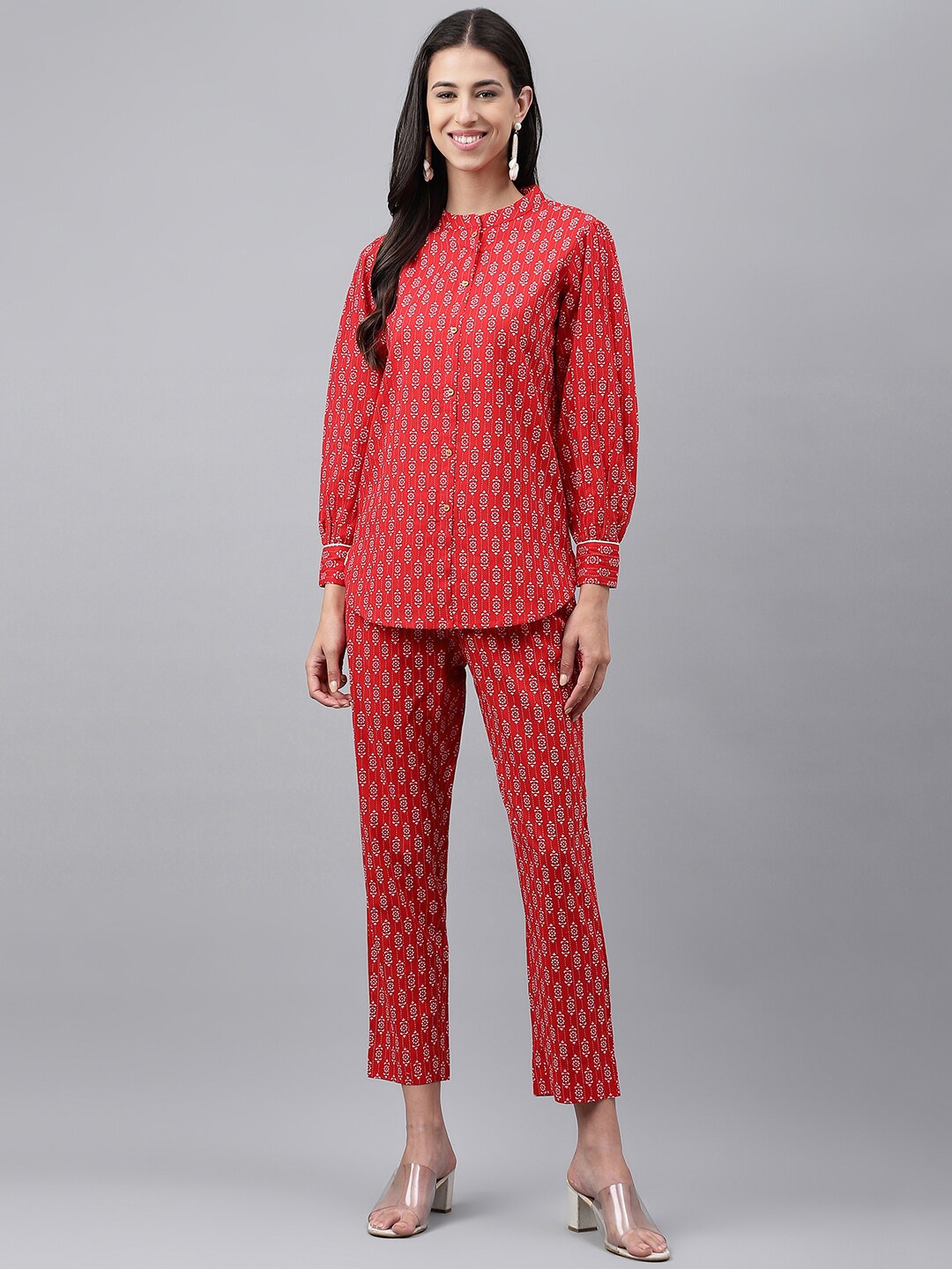 

Janasya Red & White Ethnic Motifs Cotton Top with Trousers