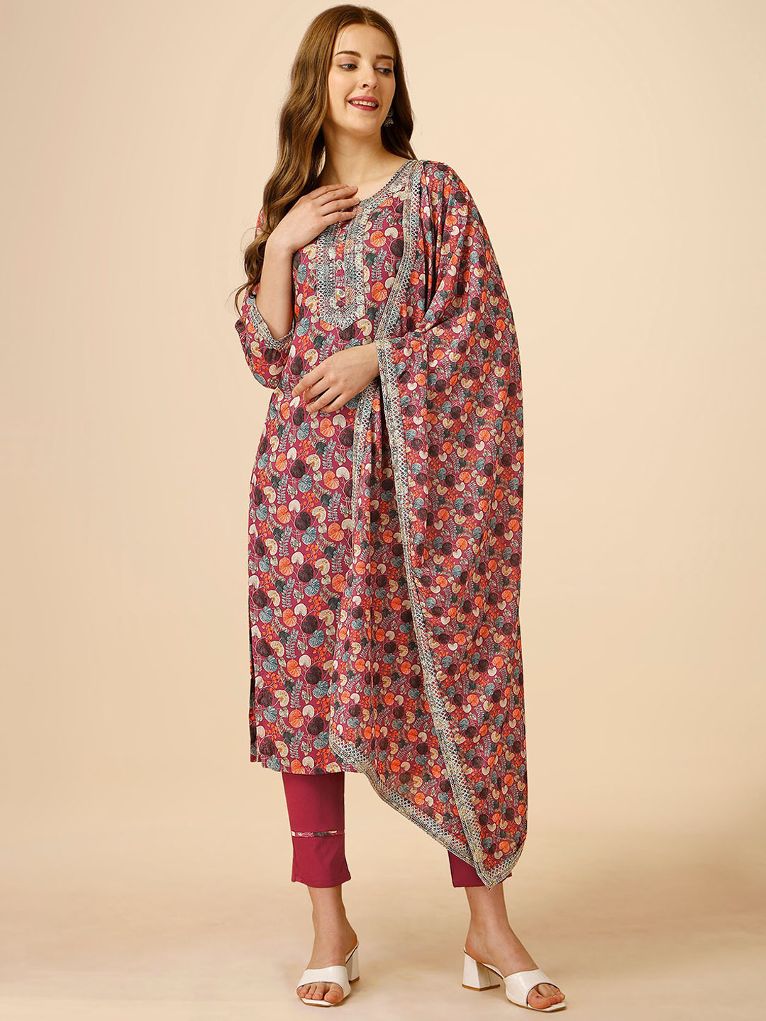 

heemara Floral Printed Zari Work Kurta with Trousers & Dupatta, Magenta
