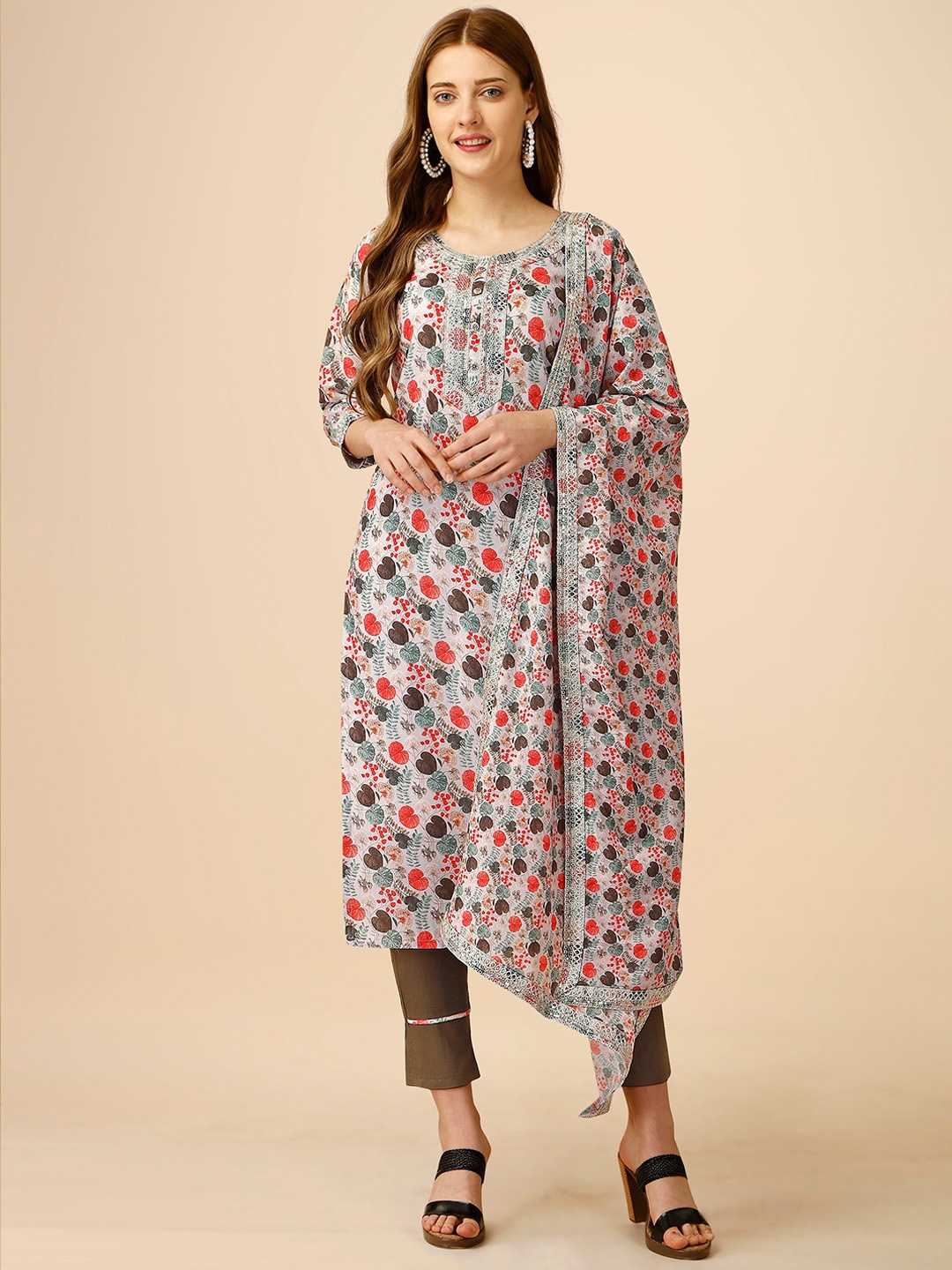 

heemara Women Grey Floral Printed Regular Kurta with Trousers & With Dupatta