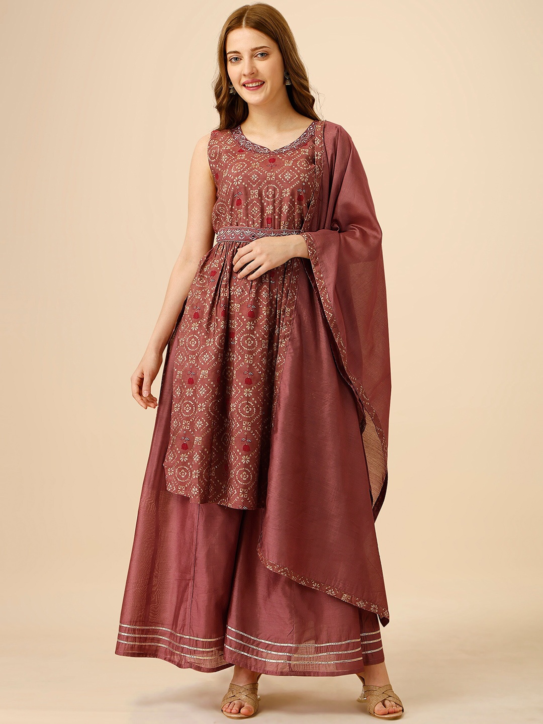 

heemara Ethnic Motifs Printed Mirror Work Kurta with Palazzos & With Dupatta, Camel brown