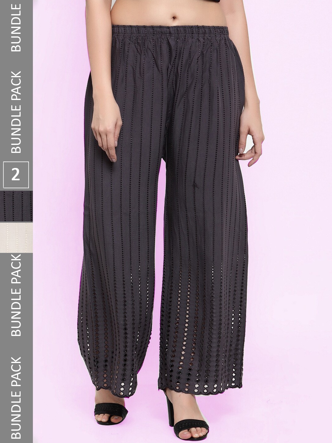 

borse lele Women Pack Of 2 Mid-Rise Knitted Palazzos, Black