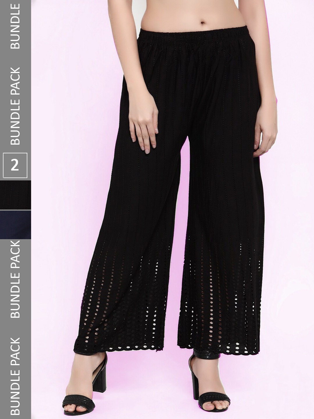

borse lele Women Pack Of 2 Mid-Rise Knitted Palazzos, Navy blue