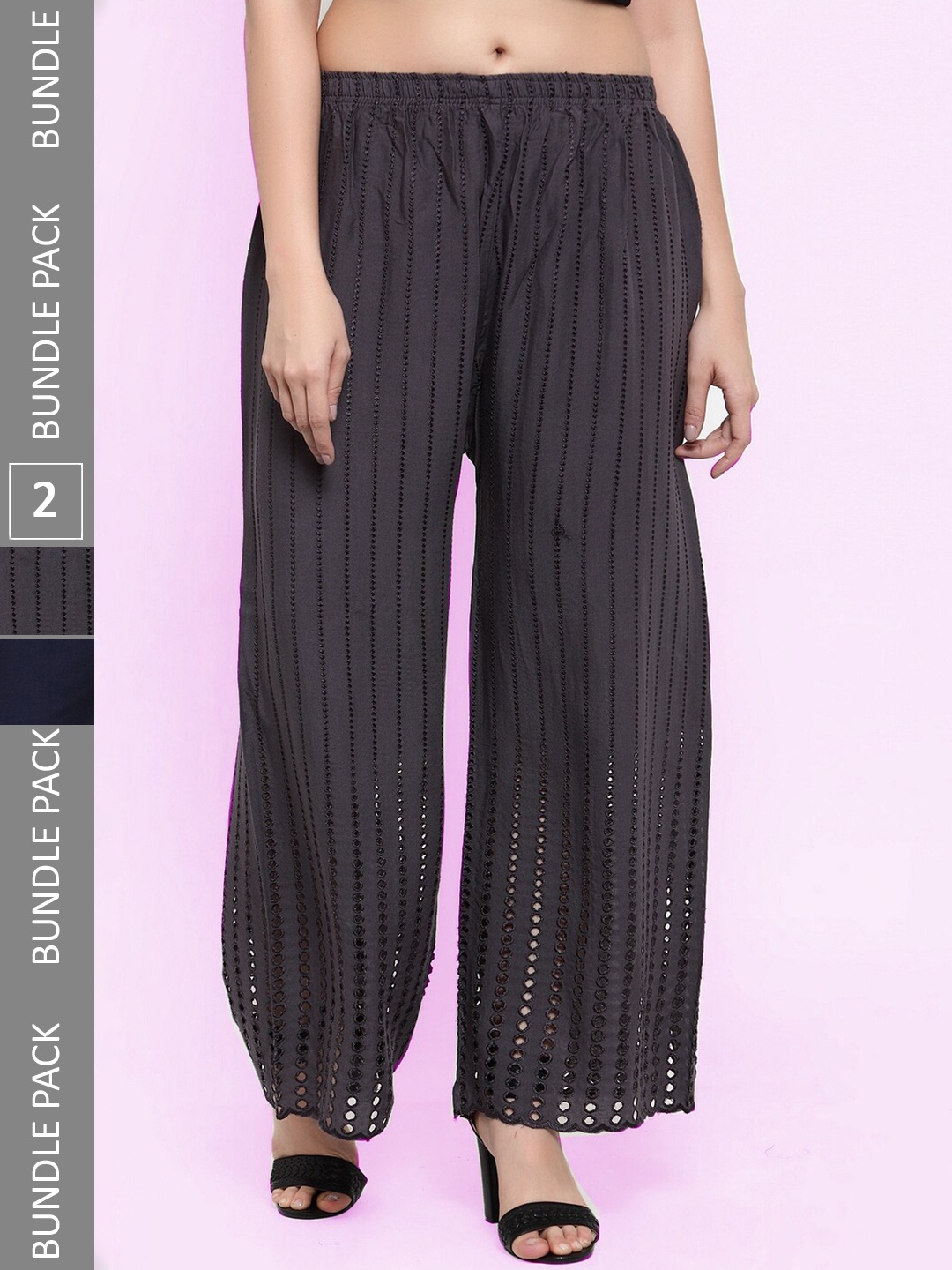 

borse lele Women Pack Of 2 Mid-Rise Knitted Palazzos, Black