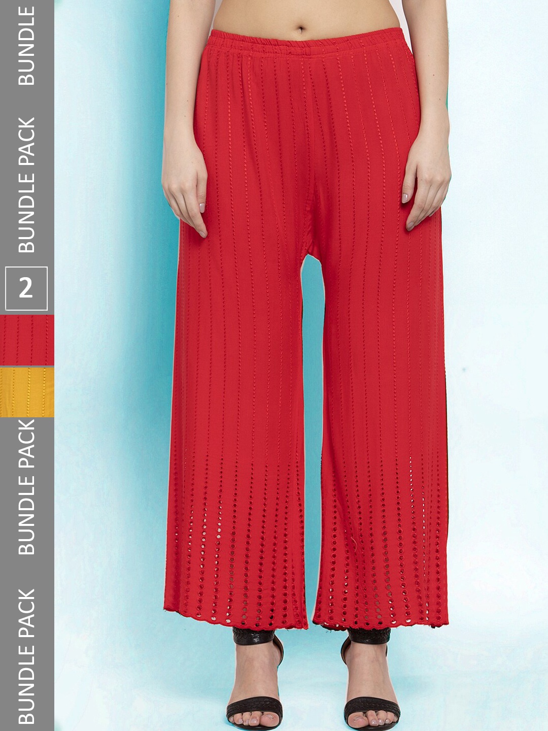 

borse lele Women Pack Of 2 Geometric Embroidered Knitted Flared Palazzos, Red