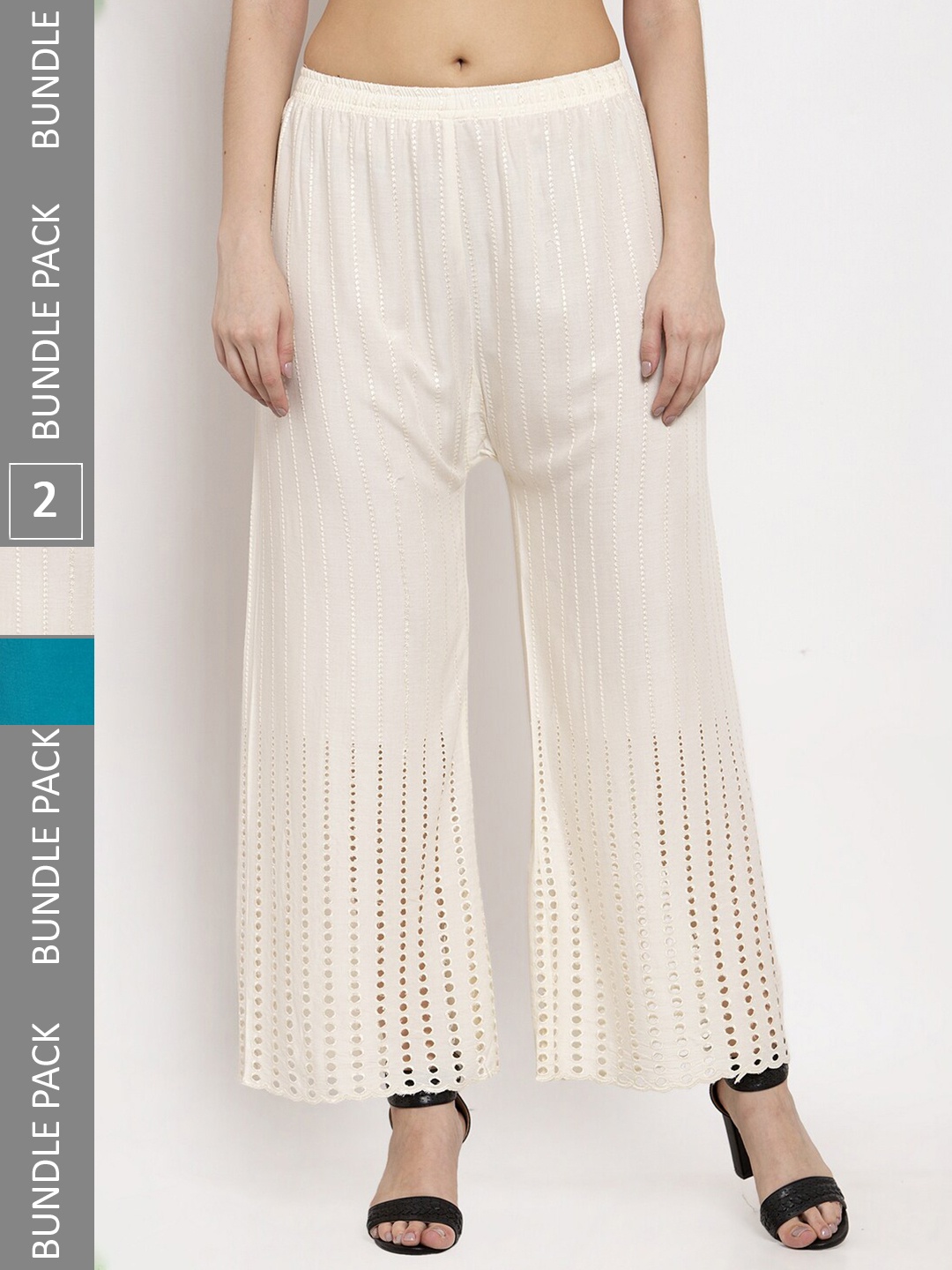 

borse lele Women Pack Of 2 Mid-Rise Knitted Palazzos, Cream