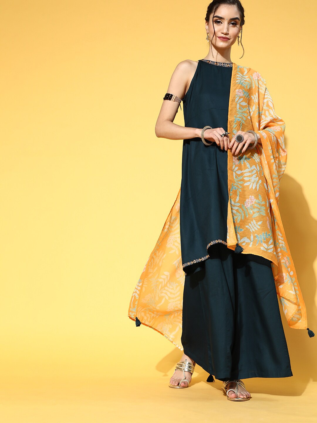 

Yufta Green & Orange A-Line Sleeveless Kurta With Palazzos & Dupatta, Teal