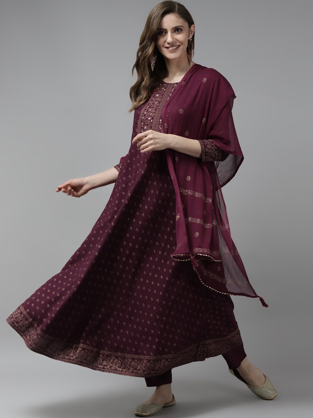 

Yufta Burgundy Ethnic Motifs Printed Regular Mirror Work Kurta With Trousers & Dupatta
