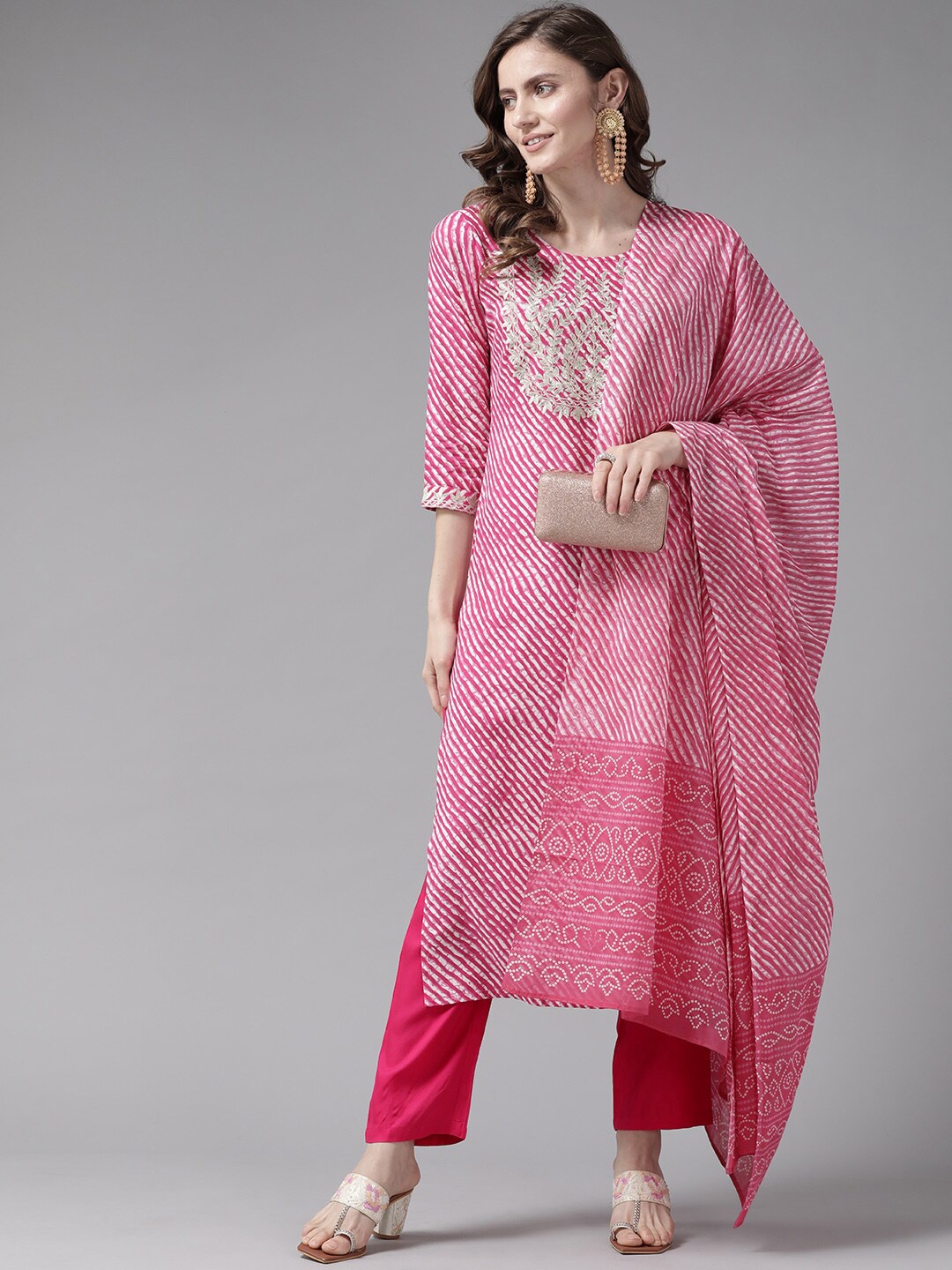 

Yufta Pink Leheriya Printed Thread Work Kurta With Trousers & Dupatta