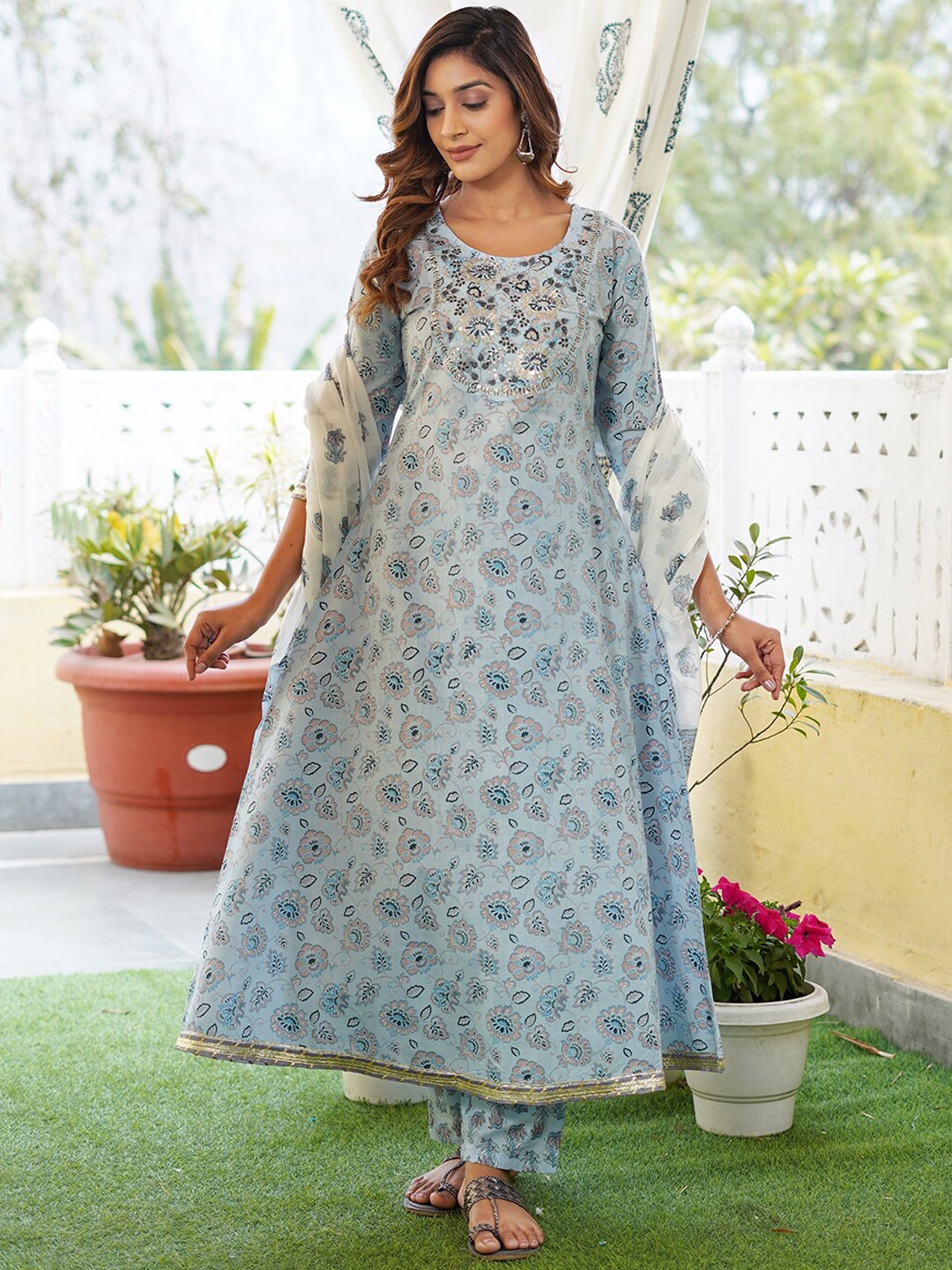 

KALINI Floral Printed Sequinned Pure Cotton Kurta with Trousers & With Dupatta, Blue