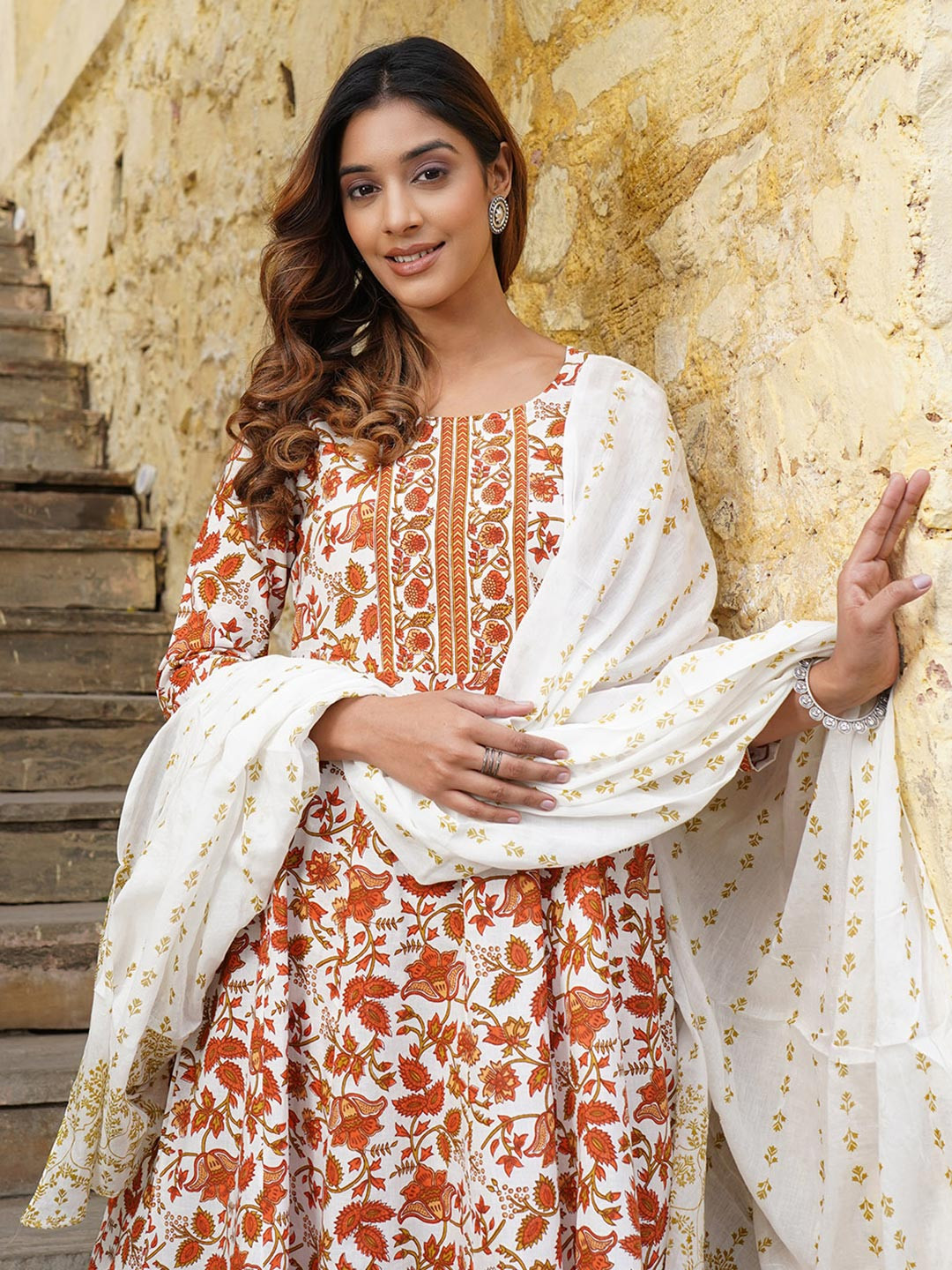 

KALINI Floral Printed Regular Pure Cotton Kurta with Trousers & With Dupatta, White