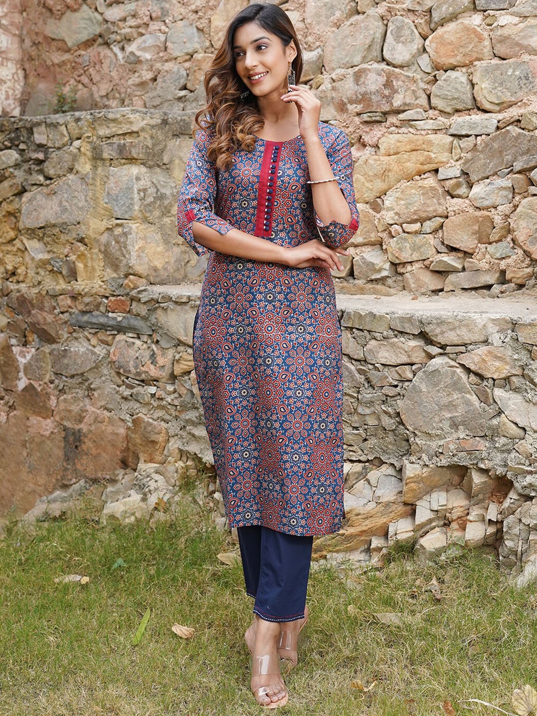 

KALINI Ethnic Motifs Printed Regular Pure Cotton Kurta with Trousers, Blue
