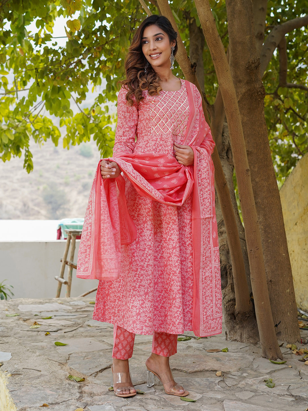 

KALINI Ethnic Printed Gotta Patti Anarkali Pure Cotton Kurta with Trousers & Dupatta, Pink