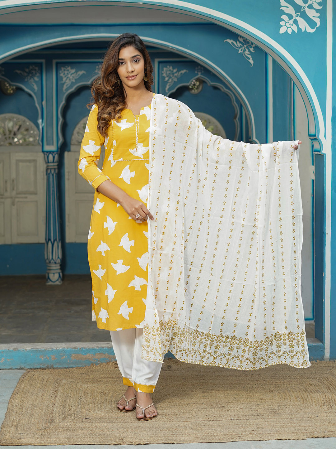 

KALINI Abstract Printed Gotta Patti Pure Cotton Kurta with Trousers & Dupatta, Yellow