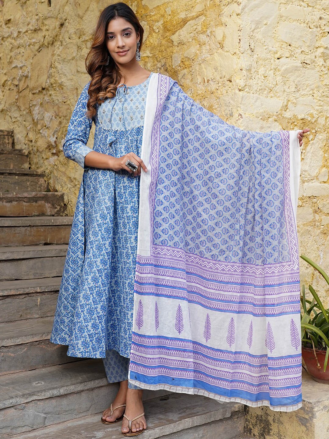 

KALINI Floral Printed Pure Cotton Kurta With Trousers & Dupatta, Blue