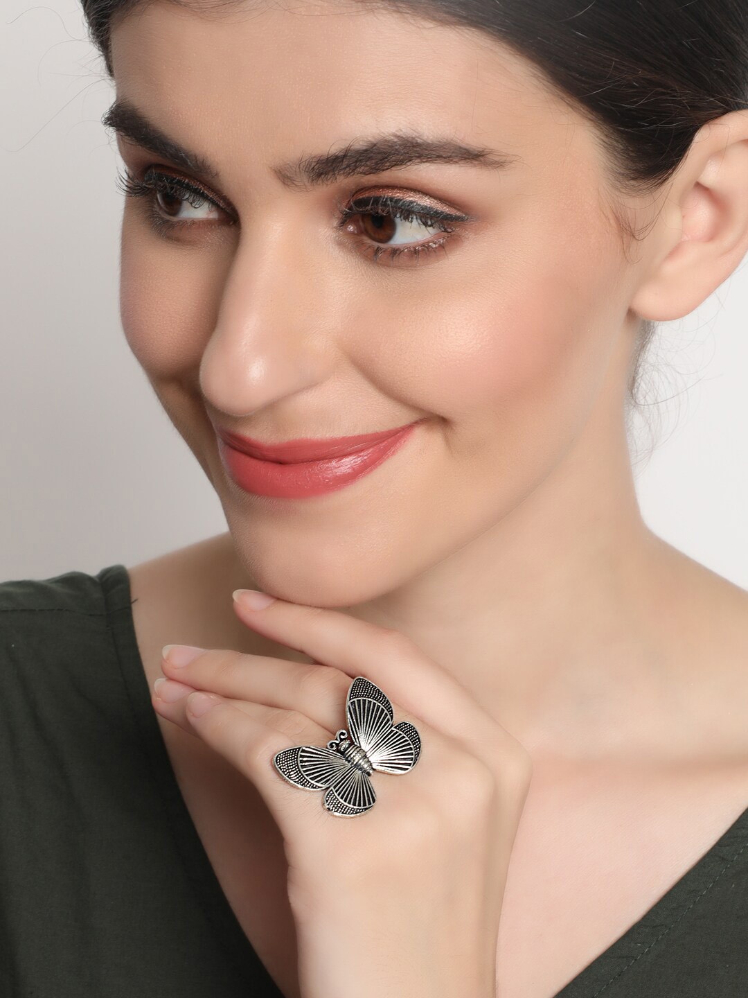 

Sangria German Silver Textured Oxidized Adjustable Finger Ring