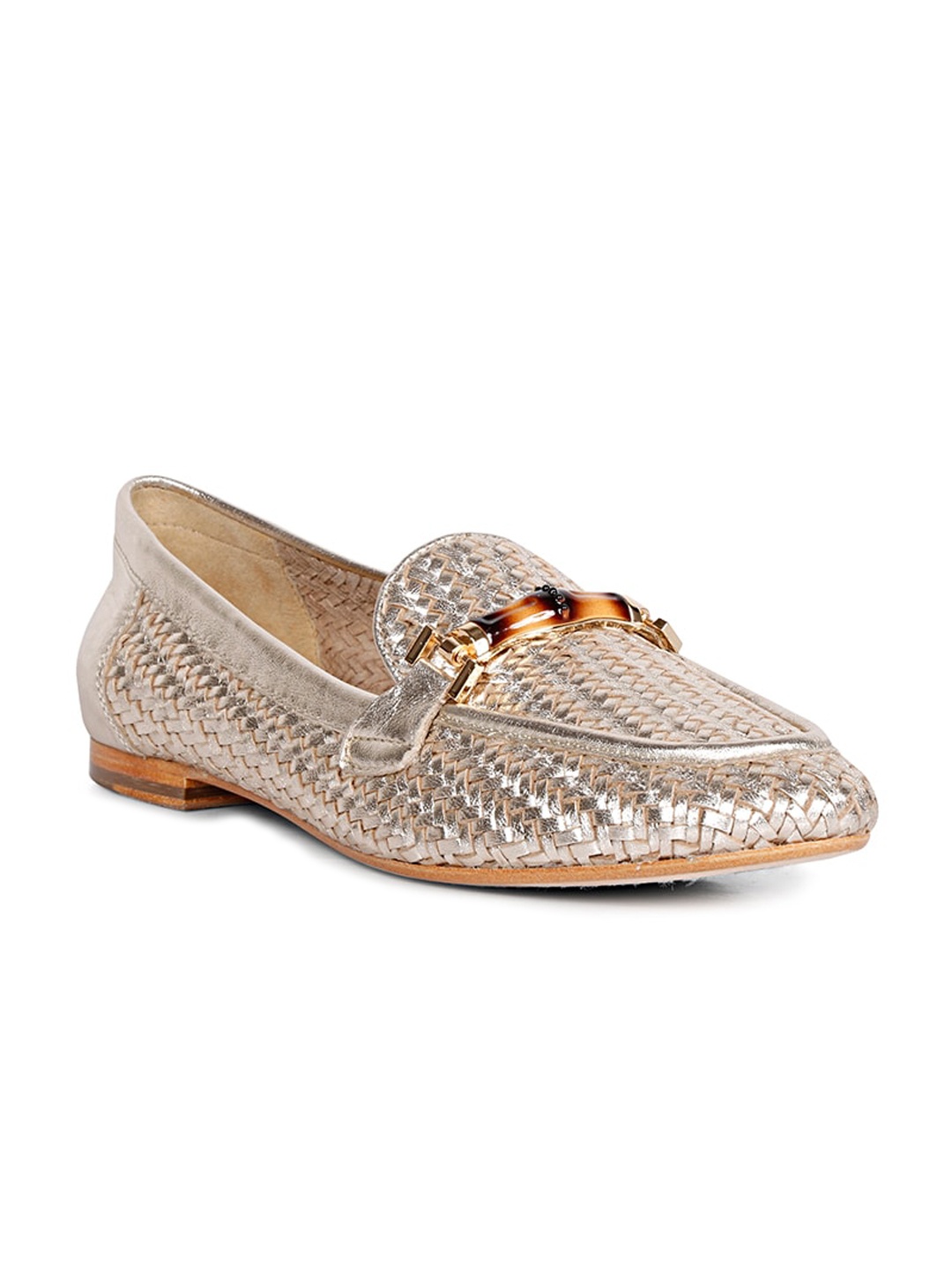 

Saint G Women Woven Design Leather Horsebit Loafers, Gold