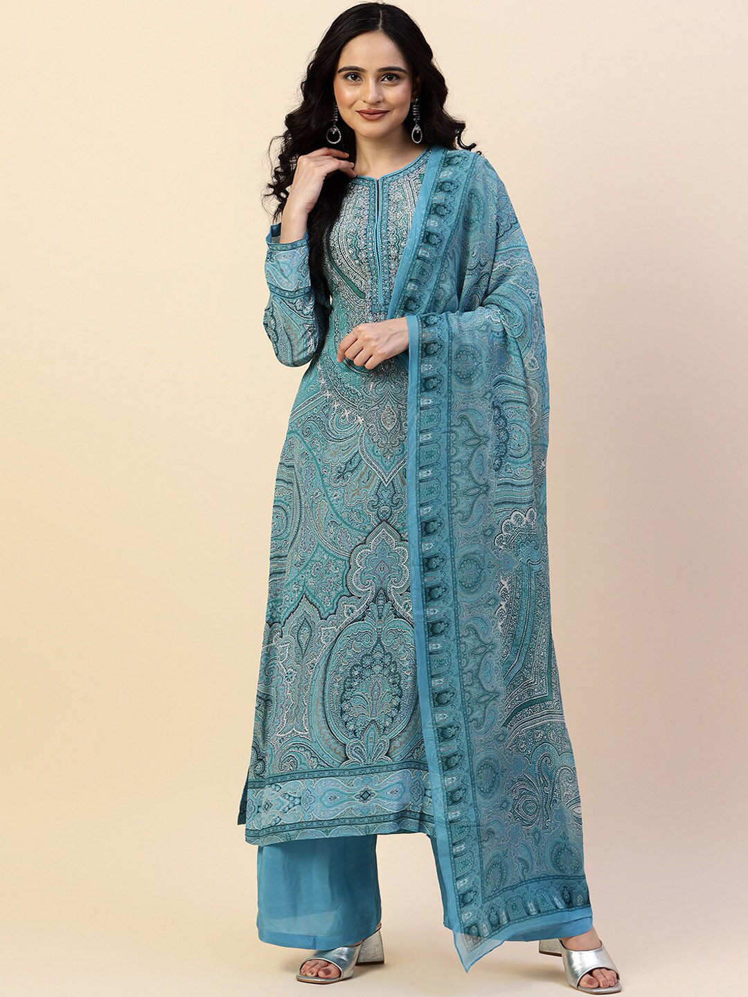 

Meena Bazaar Ethnic Motifs Printed Sequined Kurta with Trousers & Dupatta, Blue
