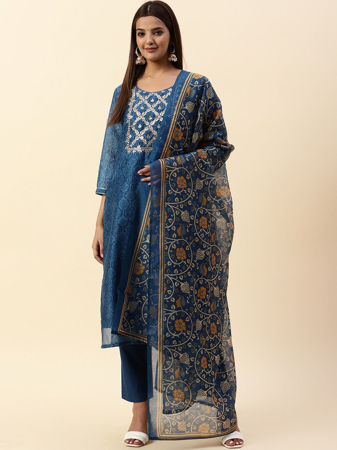 

Meena Bazaar Ethnic Motifs Printed Gotta Patti Kurta with Trousers & Dupatta, Blue