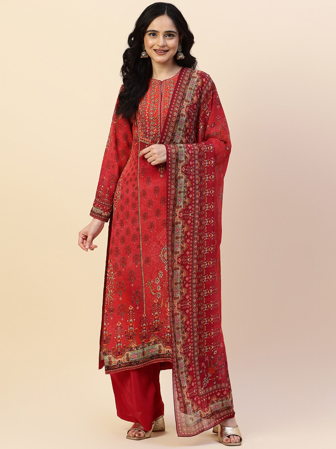 

Meena Bazaar Ethnic Motifs Printed Bead Work Kurta with Trousers & Dupatta, Red