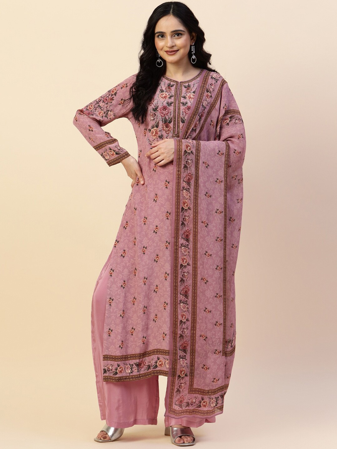 

Meena Bazaar Floral Printed Sequined Kurta with Trousers & Dupatta, Pink