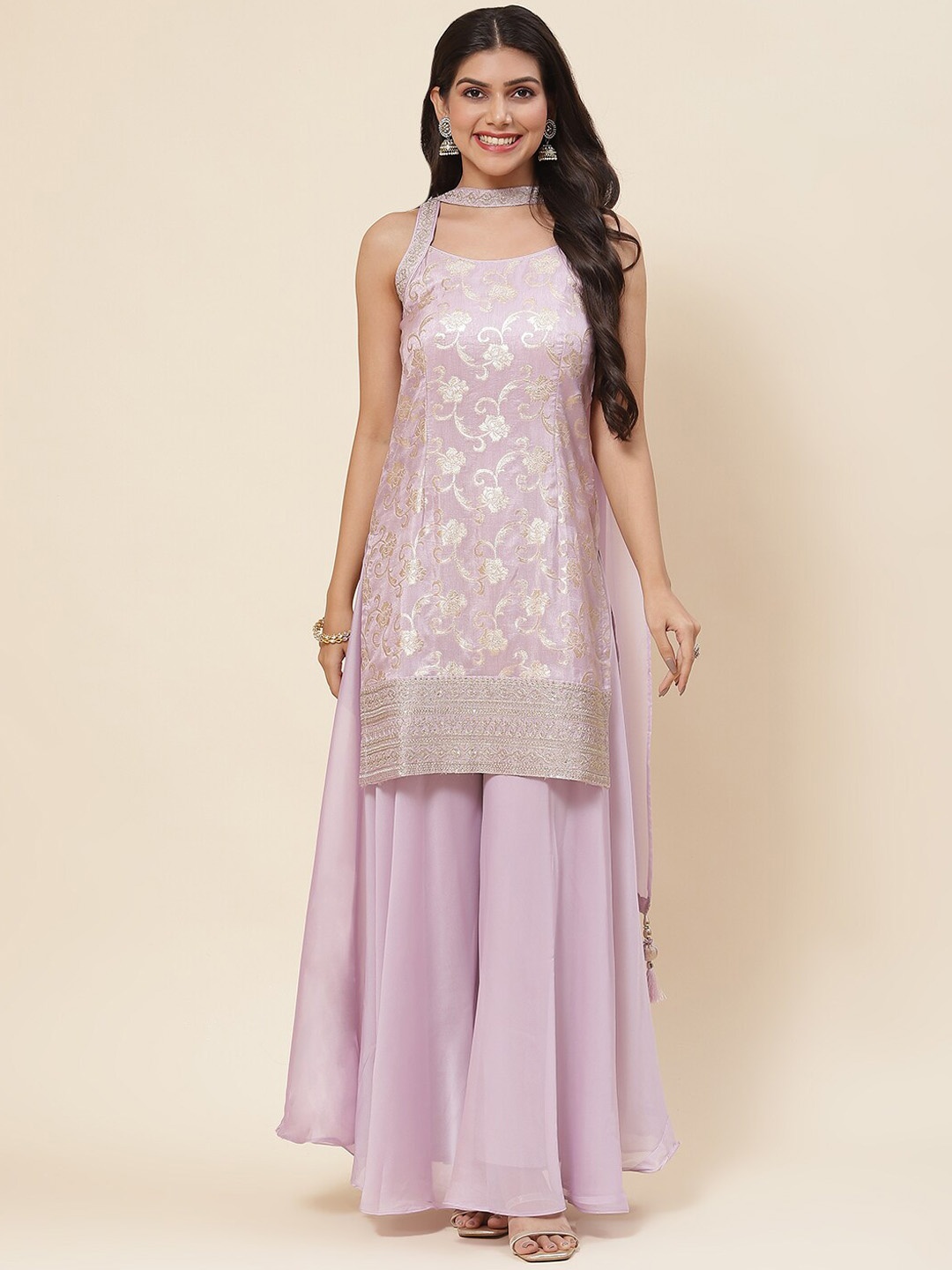 

Meena Bazaar Floral Woven Design Sequined Kurti with Sharara & Dupatta, Lavender