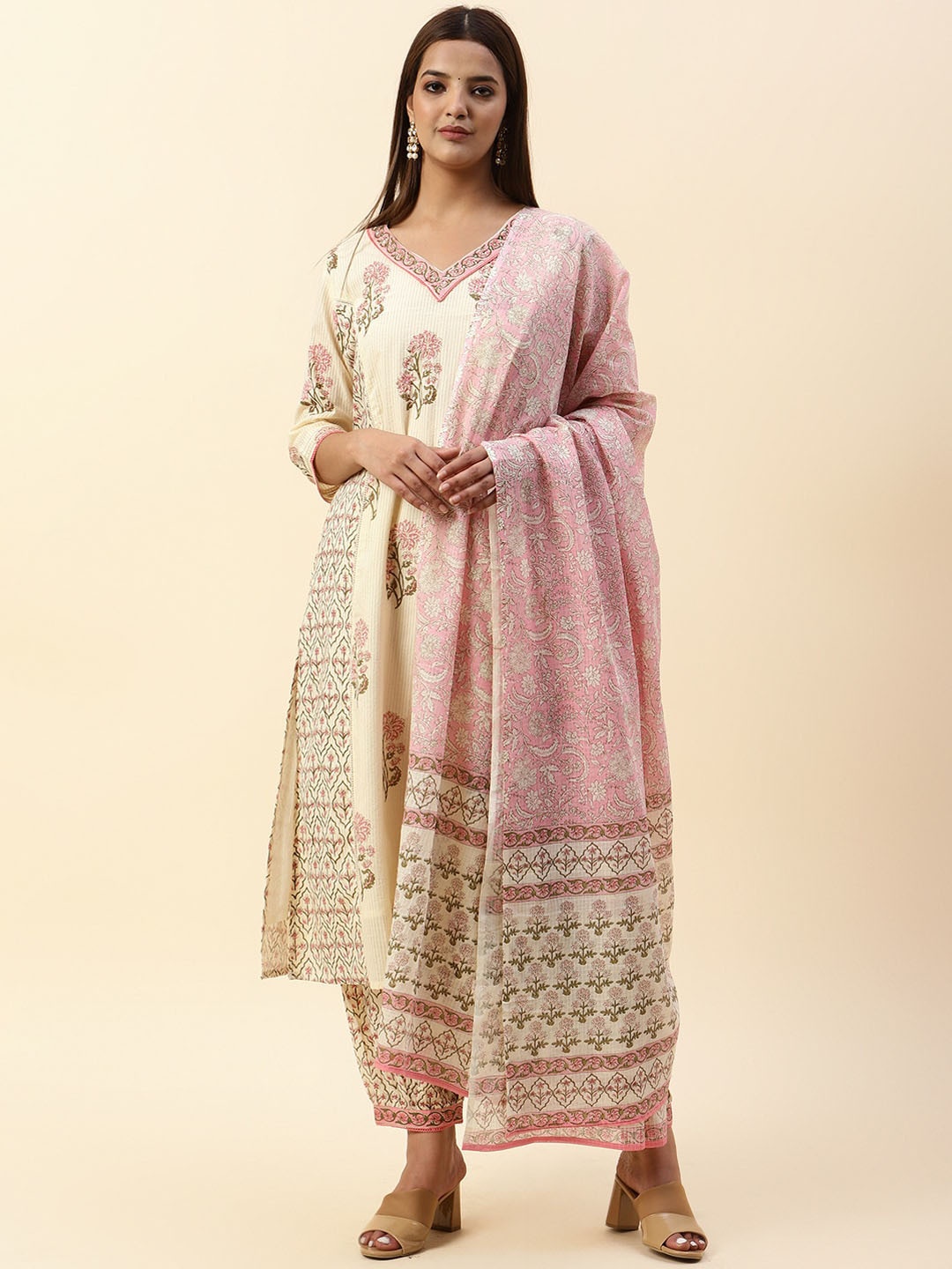 

Meena Bazaar Floral Printed Panelled Kurta with Trousers & Dupatta, Beige