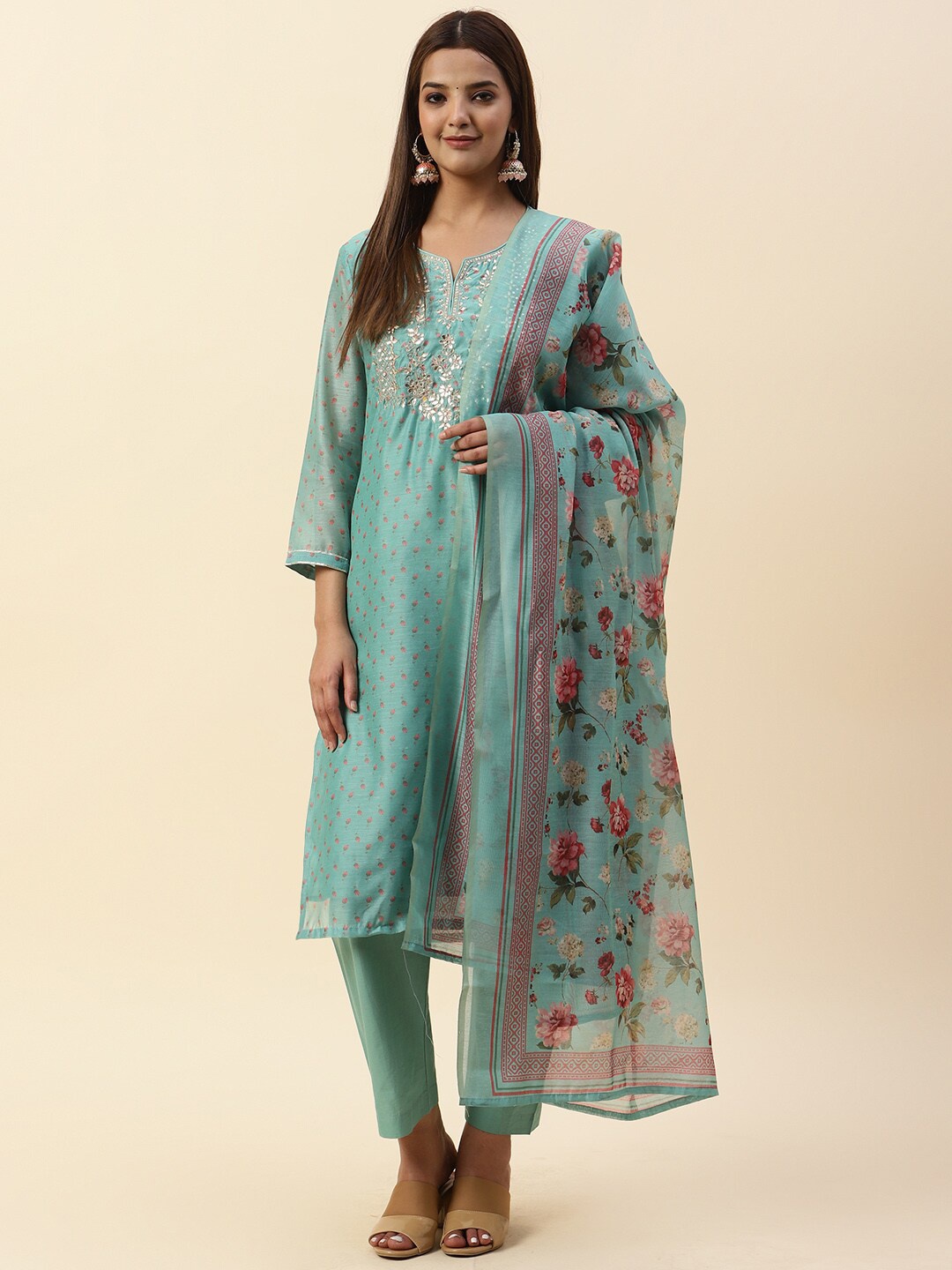 

Meena Bazaar Floral Printed Gotta Patti Kurta with Trousers & Dupatta, Green
