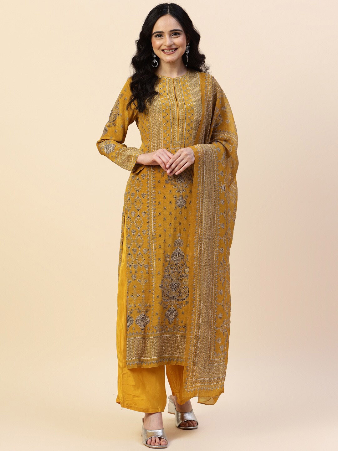

Meena Bazaar Floral Printed Beads Work Kurta with Trousers & Dupatta, Mustard