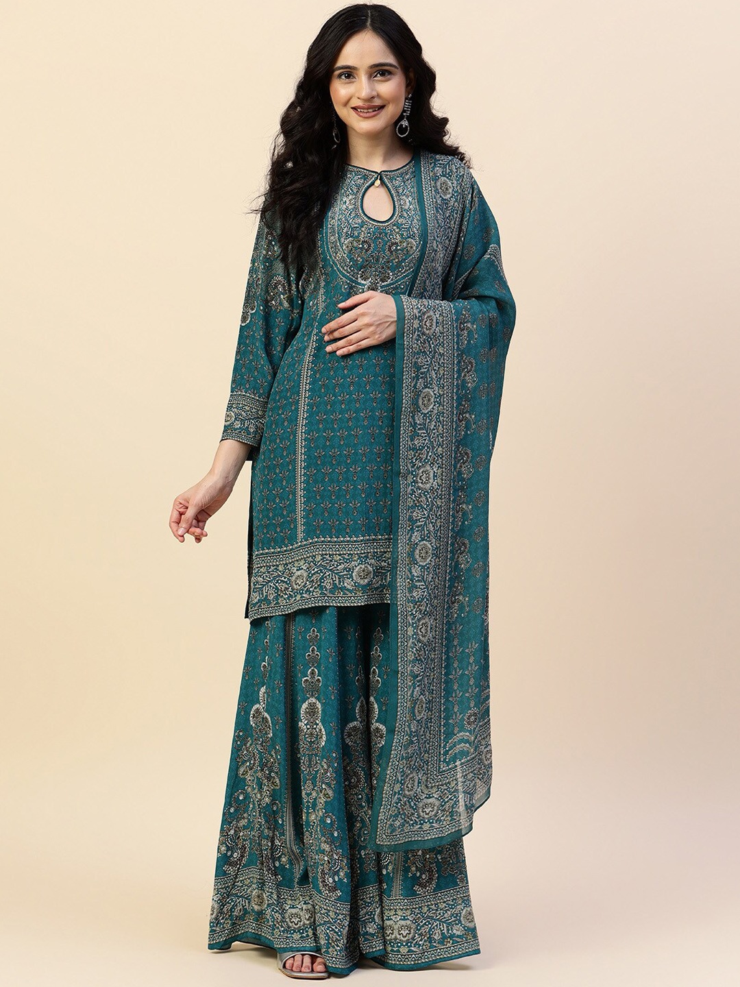 

Meena Bazaar Ethnic Motifs Printed Sequined Kurti with Sharara & Dupatta, Teal