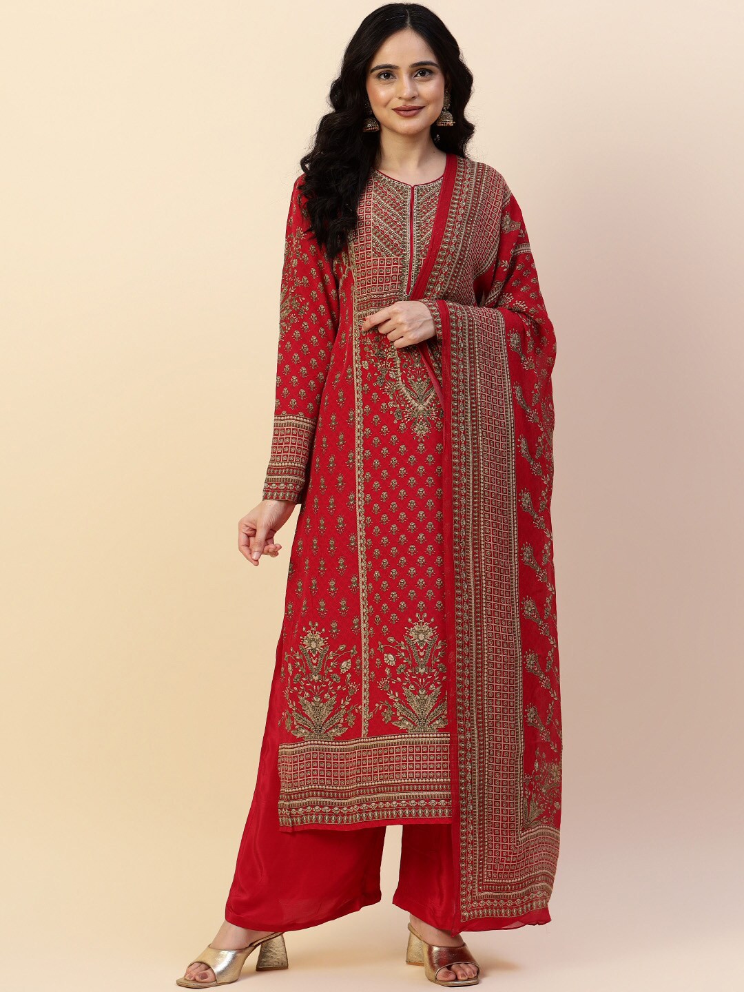 

Meena Bazaar Ethnic Motifs Printed Bead Work Kurta with Trousers & Dupatta, Red