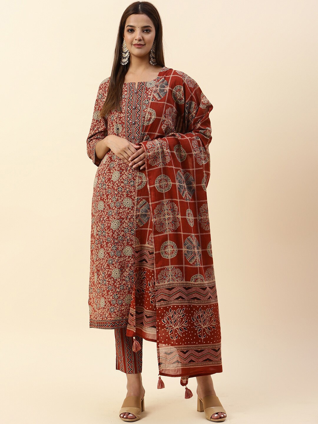 

Meena Bazaar Floral Printed Mirror Work Kurta with Trousers & Dupatta, Maroon