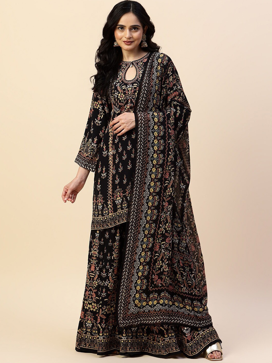 

Meena Bazaar Floral Printed Bead Work Kurti with Sharara & Dupatta, Black