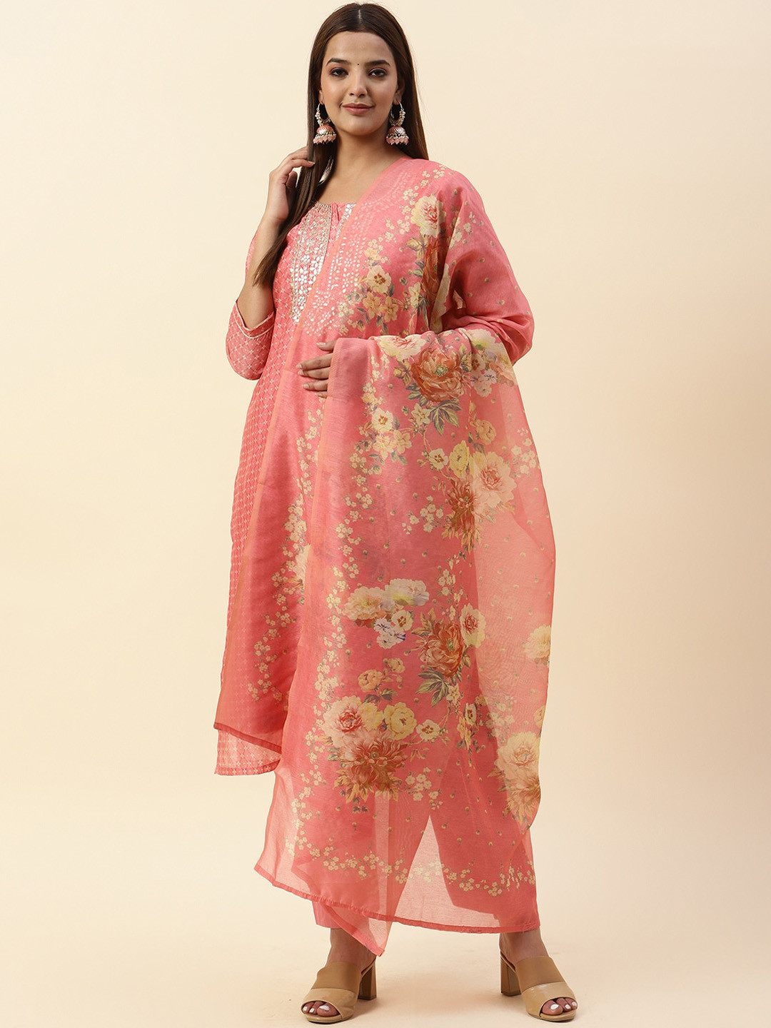 

Meena Bazaar Ethnic Motifs Printed Gotta Patti Kurta with Trousers & Dupatta, Peach