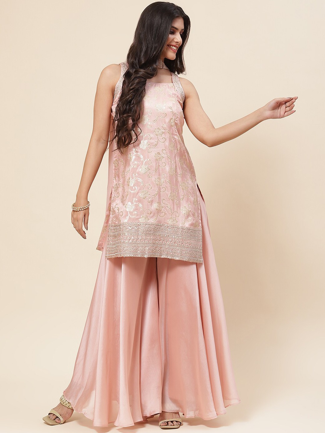 

Meena Bazaar Floral Woven Design Sequined Kurti with Sharara & Dupatta, Pink