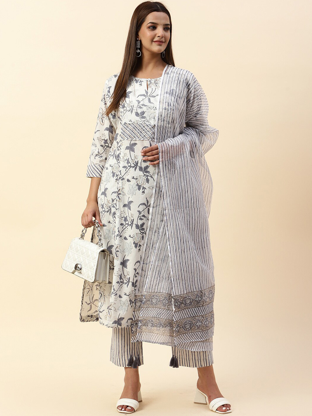 

Meena Bazaar Floral Printed Bead Work Kurta with Trousers & Dupatta, Off white