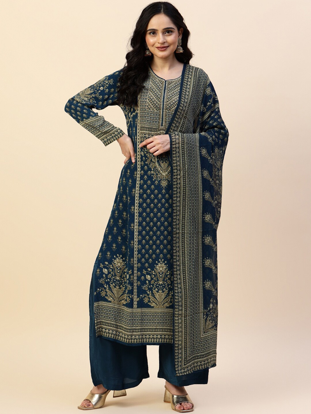 

Meena Bazaar Floral Printed Sequined Panelled Kurta with Trousers & Dupatta, Navy blue