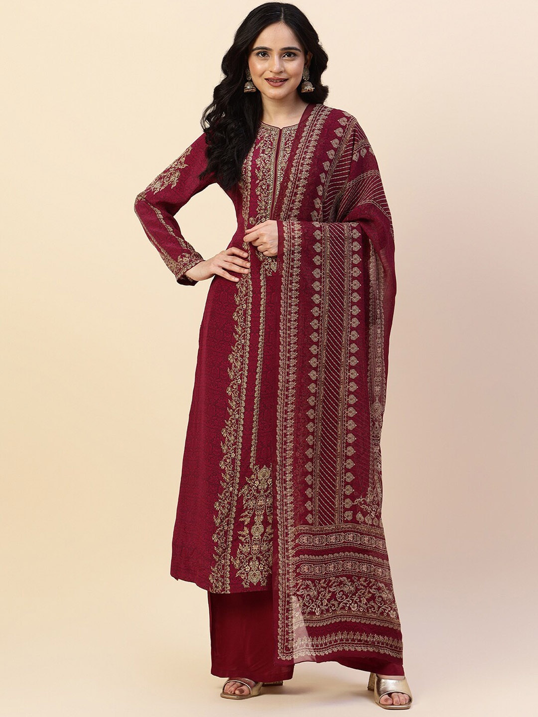 

Meena Bazaar Ethnic Motifs Printed Thread Work Kurta with Trousers & Dupatta, Maroon